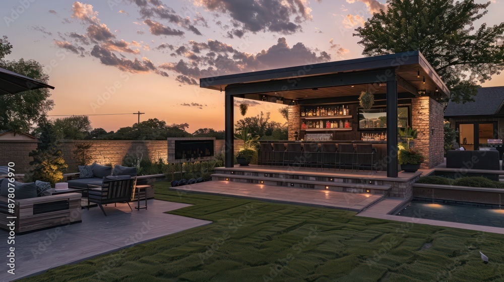 Obraz premium Ranch home with a backyard that features a custom-built gazebo, including a built-in bar and entertainment system for outdoor parties