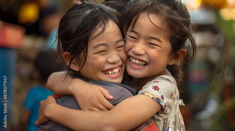 A boy and girl hugging their mother simultaneously, laughter and joy evident on their faces. A boy and girl hugging their mother simultaneously, laughter and joy evident on their faces.