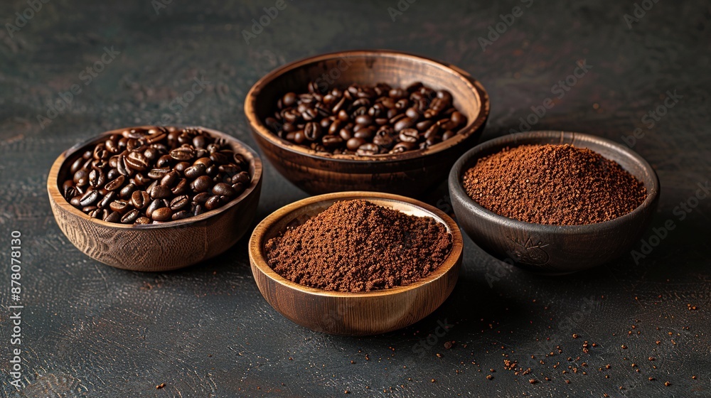 Roasted coffee beans, ground coffee and instant coffee in bowls at dark background. copy space for text. Roasted coffee beans, ground coffee and instant coffee in bowls at dark background. copy space for text.