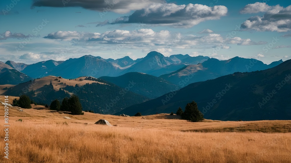 Fototapeta premium Scenic Sunny Mountain Range with Golden Grass Under Blue Sky
