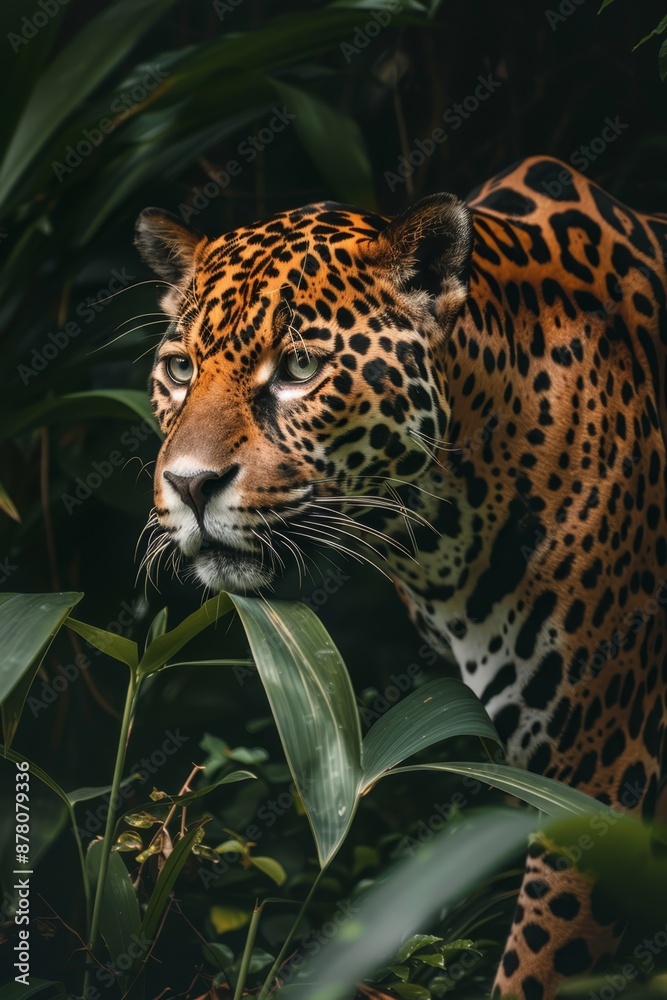 A tight shot of a leopard in a sea of grass and foliage A green leaf stands out in the foreground A tight shot of a leopard in a sea of grass and foliage A green leaf stands out in the foreground
