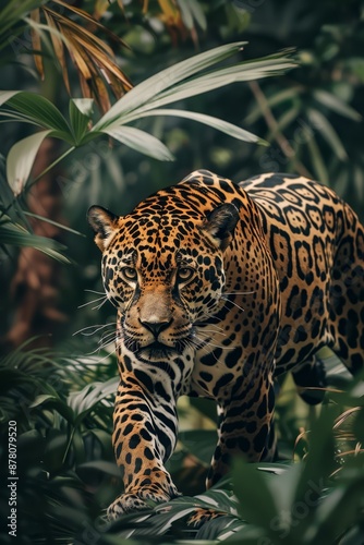  A tight shot of a leopard traversing a lush forest, teeming with verdant, green foliage on a radiant sunlit day