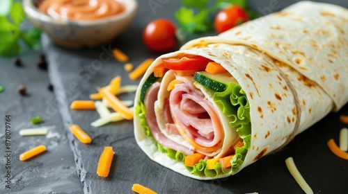 Delicious and Healthy Tortilla Wrap with Ham Vegetables and Cheese photo