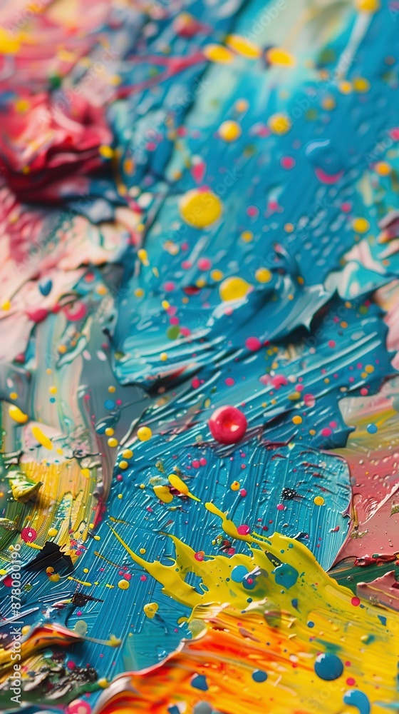 Obraz premium Oil paints in various shades of blue, yellow, pink, and red are mixed and splattered on a canvas