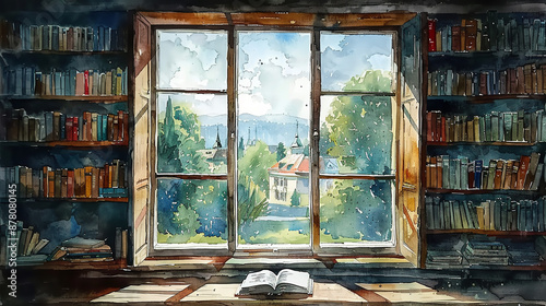 library in watercolor style that light hues and is airy. the scene behind the windows are willow trees.