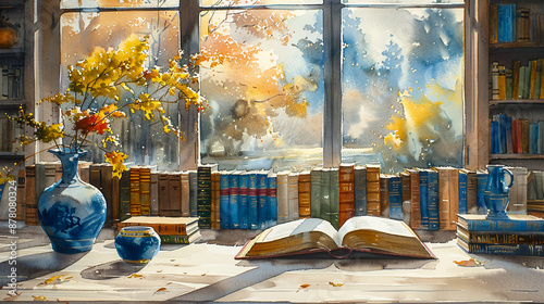 Fototapeta Naklejka Na Ścianę i Meble -  A beautiful watercolor painting of books and flowers arranged on a table