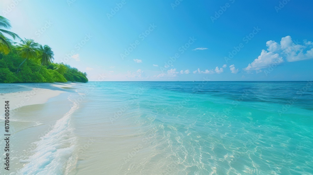 A serene beach with clear blue water, sandy shore, and lush palm trees. A serene beach with clear blue water, sandy shore, and lush palm trees.