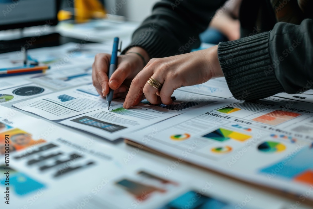 Close-up of a person preparing a business slideshow with various charts and graphs. Close-up of a person preparing a business slideshow with various charts and graphs.