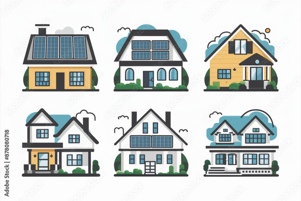 set of houses with some have solar panels, house set set of houses with some have solar panels, house set