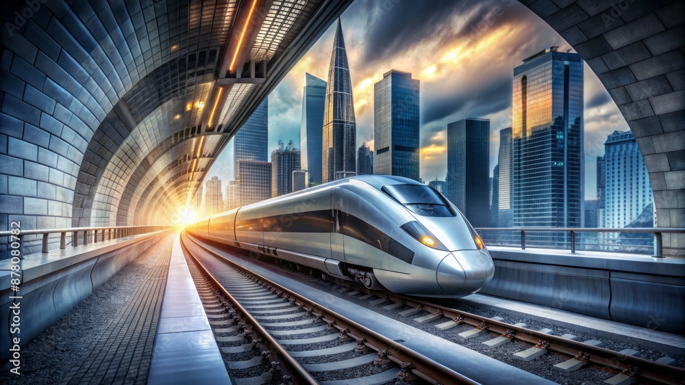 Sleek, silver bullet train speeds through a sleek, dark, concrete ...
