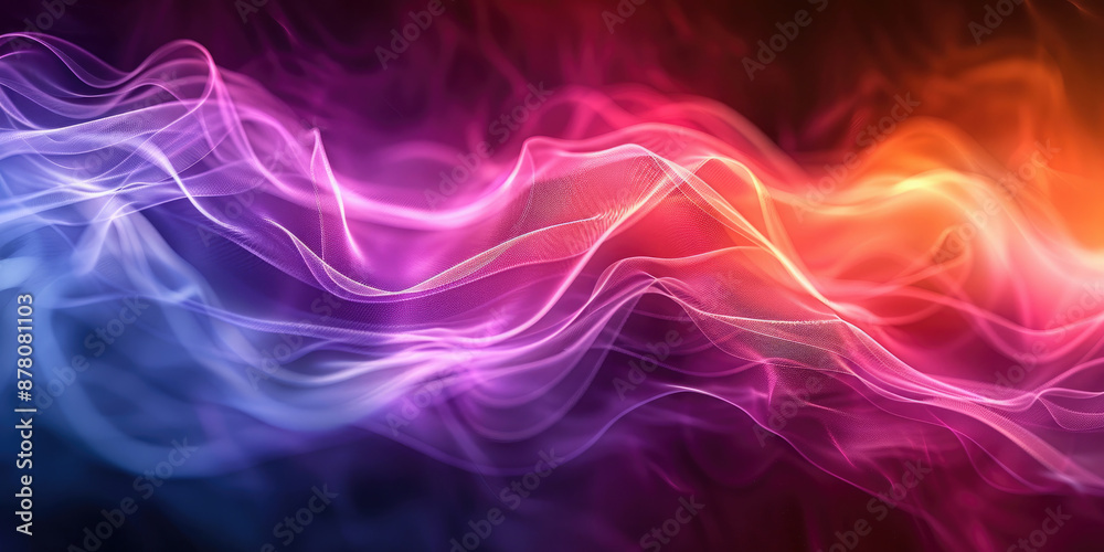 Futuristic trendy background with wavy airy texture of silk neon shiny blue purple fabric in the form of a wave on a dark background. Neon wave. Copy space. Banner Futuristic trendy background with wavy airy texture of silk neon shiny blue purple fabric in the form of a wave on a dark background. Neon wave. Copy space. Banner
