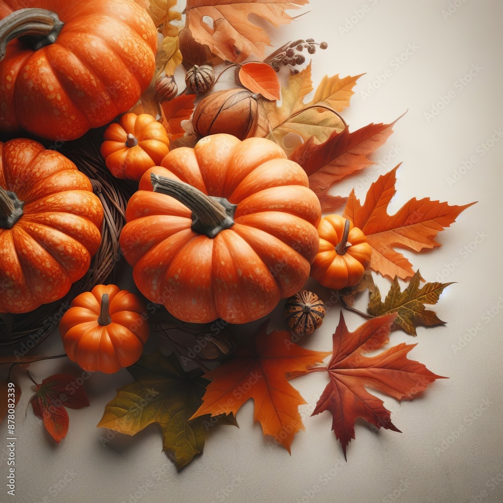 A vibrant autumn still life with pumpkins and colorful leaves evokes the harvest season A vibrant autumn still life with pumpkins and colorful leaves evokes the harvest season