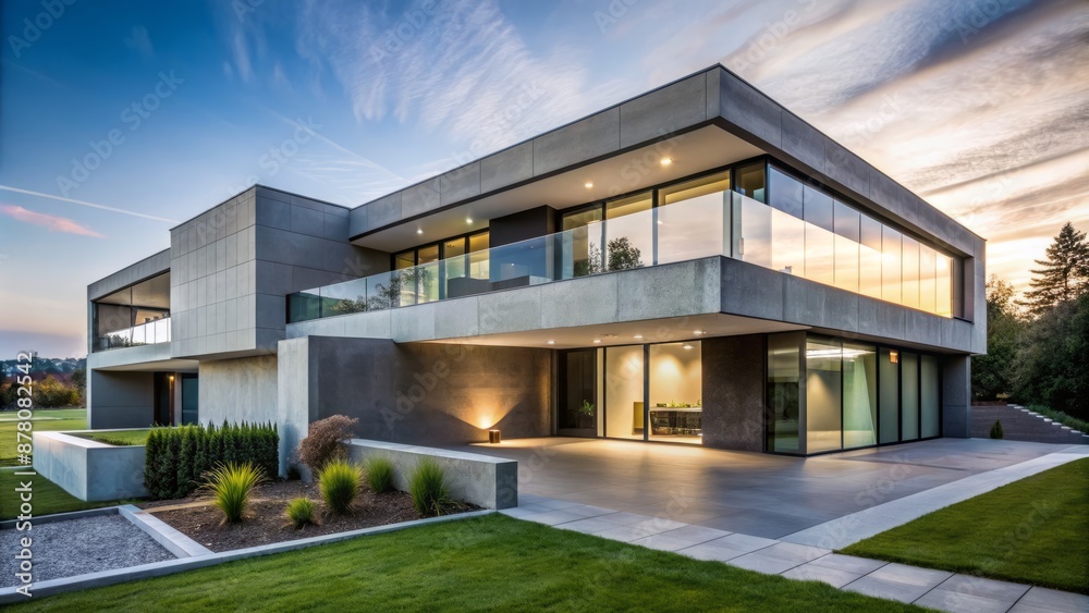 Sleek monochromatic facade of modernistic dwelling featuring clean lines, angular forms, and vast expanses of glass and concrete. Sleek monochromatic facade of modernistic dwelling featuring clean lines, angular forms, and vast expanses of glass and concrete.