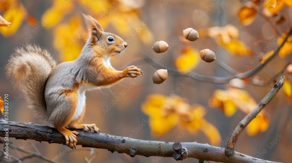 A squirrel perches on a tree branch, holding nuts in its mouth The backdrop features a tree adorned with yellow leaves A squirrel perches on a tree branch, holding nuts in its mouth The backdrop features a tree adorned with yellow leaves