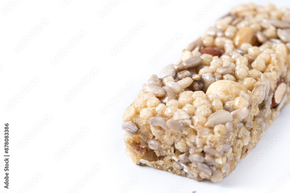 Healthy Muesli bars with nuts and seeds isolated on white background. Copy space Healthy Muesli bars with nuts and seeds isolated on white background. Copy space