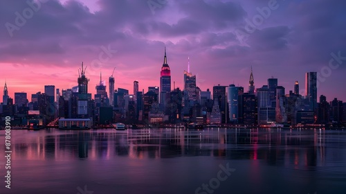 Dawn view of the skyline of New York City. Office towers in Manhattan: skyscrapers in the morning.