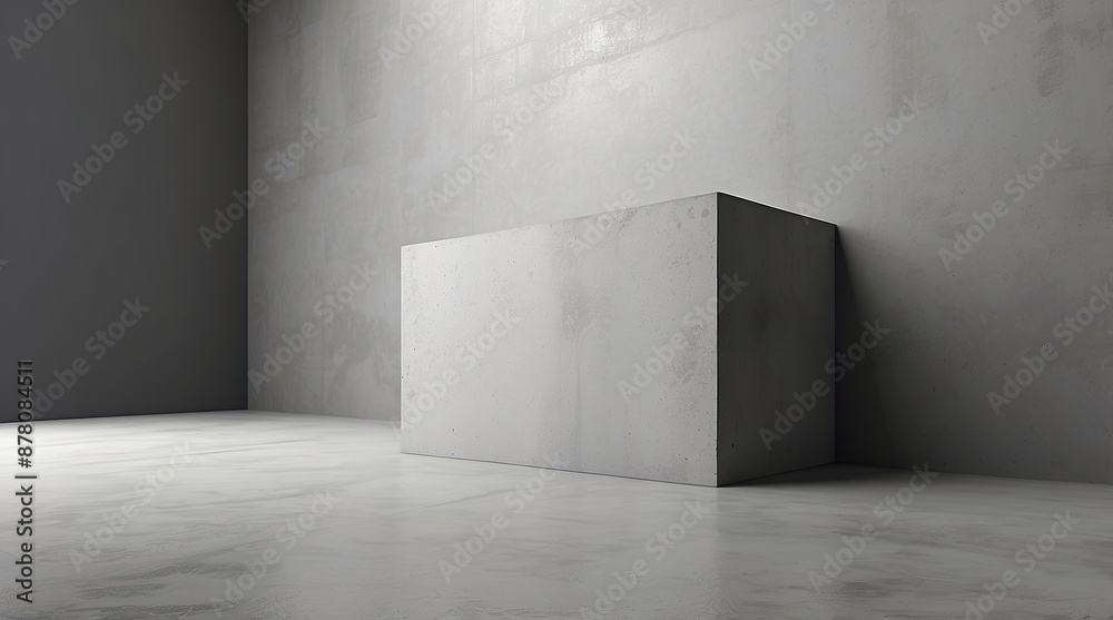 Minimalist concrete room with a large rectangular block placed in a corner. Minimalist concrete room with a large rectangular block placed in a corner.