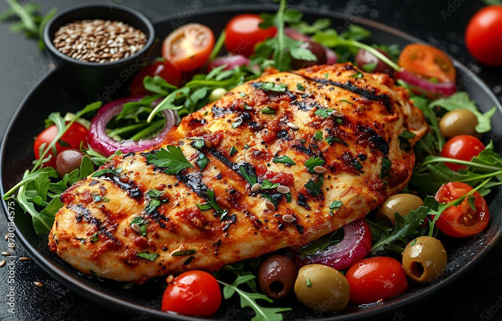 Grilled Chicken Breast with Fresh Vegetables and Garnishes: Seasoned Chicken with Grill Marks, Cherry Tomatoes, Olives, Red Onion Slices, Mixed Greens (Arugula, Parsley), and a Bowl of Sesame Seeds.