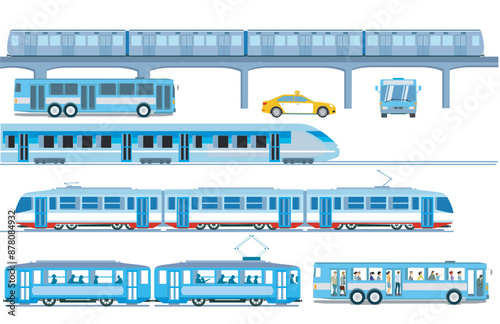 Bahnverkehr,  hochbahn, schnellzug, strassenbahn und Bus, freisteller Illustration