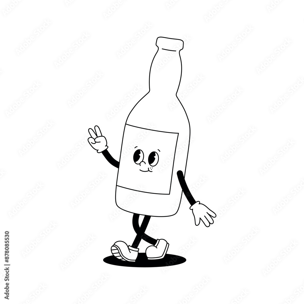 Φωτογραφία Vector monochrome illustration of retro mascot character walking glass bottle of beer or soda