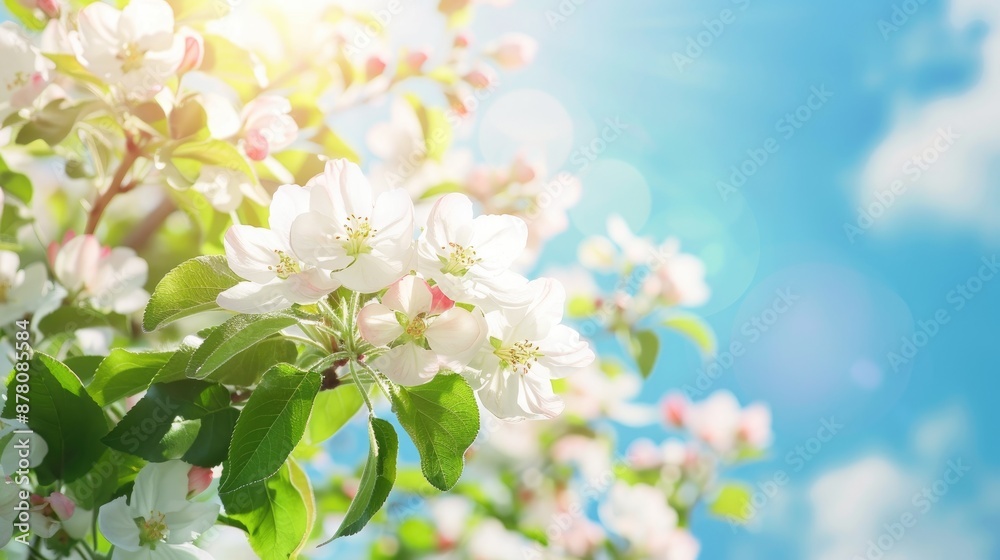 Blooming apple tree branches on a sunny spring day against a blue sky background Spring scenery with space for text Blooming apple tree branches on a sunny spring day against a blue sky background Spring scenery with space for text