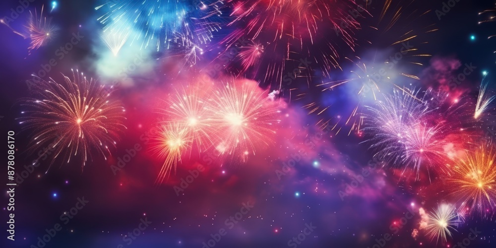 Fototapeta premium Spectacular Fireworks Display,Happy New Year, Beautiful creative holiday background with fireworks and Sparkling
