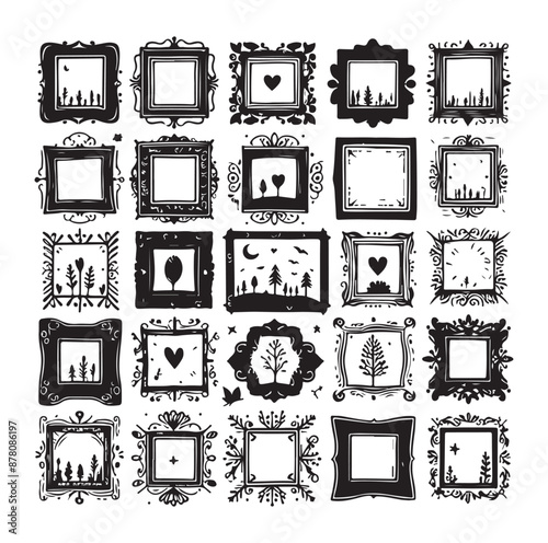 Set of nine ornate black and white frames silhouette vector