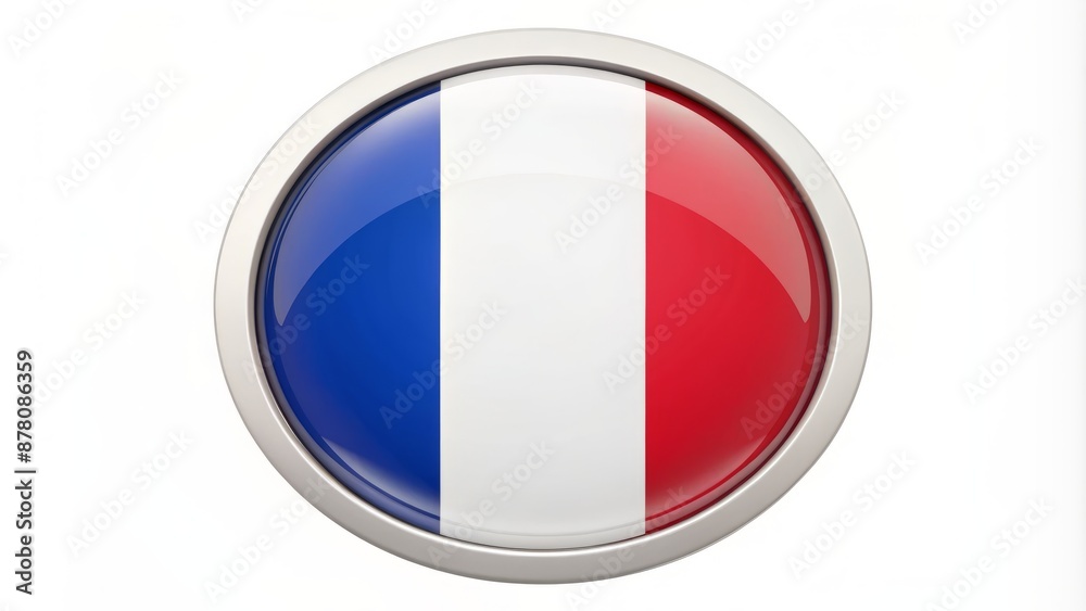 Isolated round flag icon of France featuring three vertical bands of blue white and red colors on a white background. Isolated round flag icon of France featuring three vertical bands of blue white and red colors on a white background.