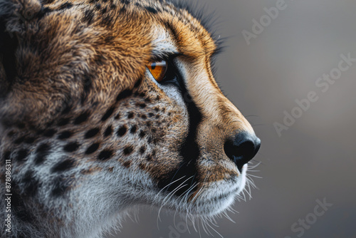 A cheetah in profile against a dark background, highlighting its sharp features