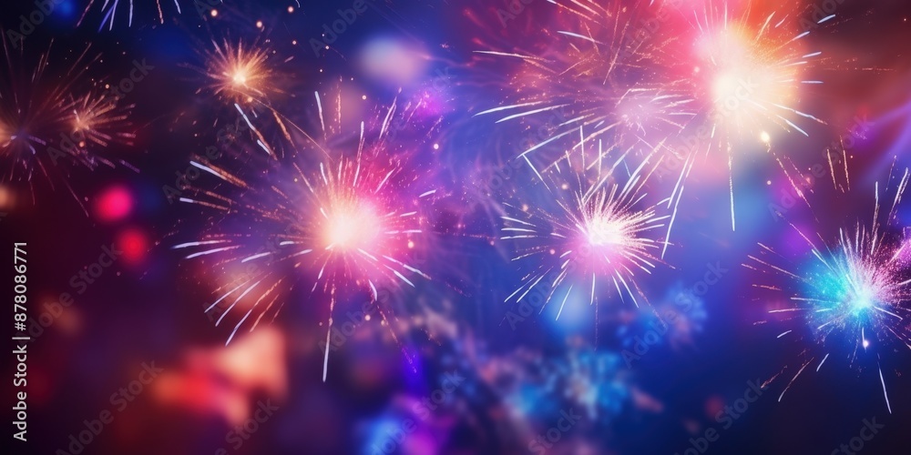 Fototapeta premium Colorful Fireworks Display in the Night Sky,Happy New Year, Beautiful creative holiday background with fireworks and Sparkling