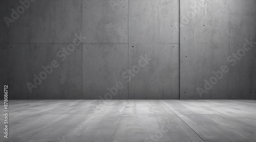 Empty concrete room with a large wall made of concrete tiles and a concrete floor.