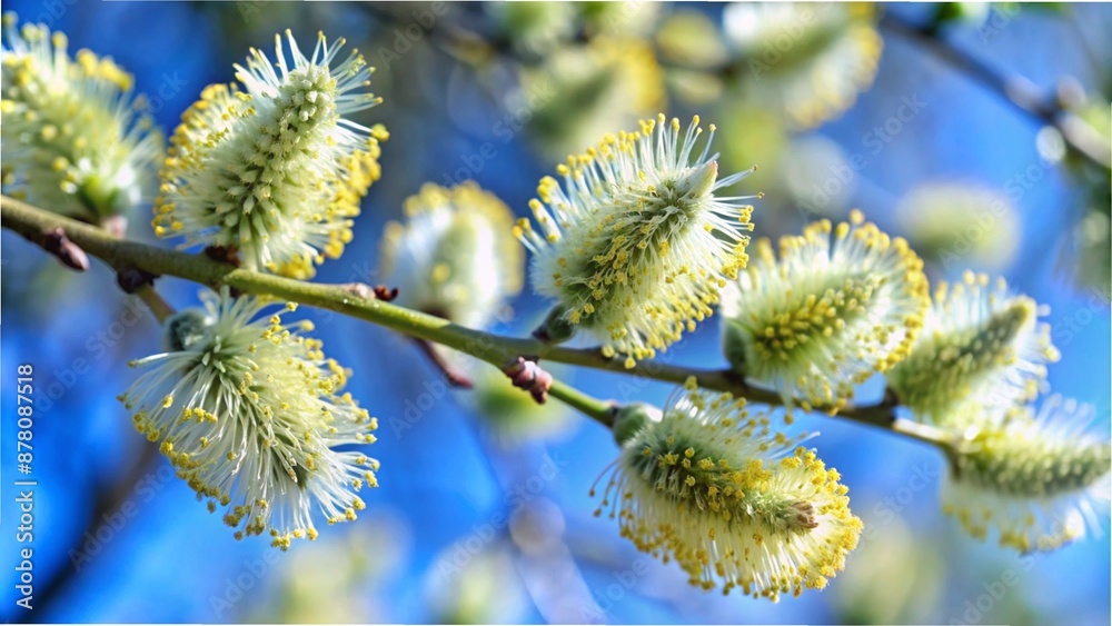 pollen count of the willow catkin, flowering tree branch in spring with pollen, symbol for hay fever or pollen allergy on beautiful blurred nature background pollen count of the willow catkin, flowering tree branch in spring with pollen, symbol for hay fever or pollen allergy on beautiful blurred nature background