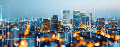 Real estate investments with digital overlay, financial investment, property assets photo