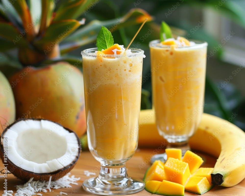 Tropical smoothie with mango, banana, and coconut milk, isolated on white background Vibrant and refreshing drink concept Tropical smoothie with mango, banana, and coconut milk, isolated on white background Vibrant and refreshing drink concept