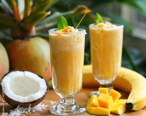 Tropical smoothie with mango, banana, and coconut milk, isolated on white background Vibrant and refreshing drink concept