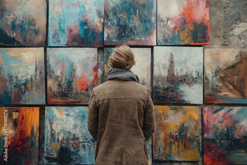 Businessman admiring modern paintings on a gallery wall. Ideal for themes of art appreciation and corporate culture. © Raad