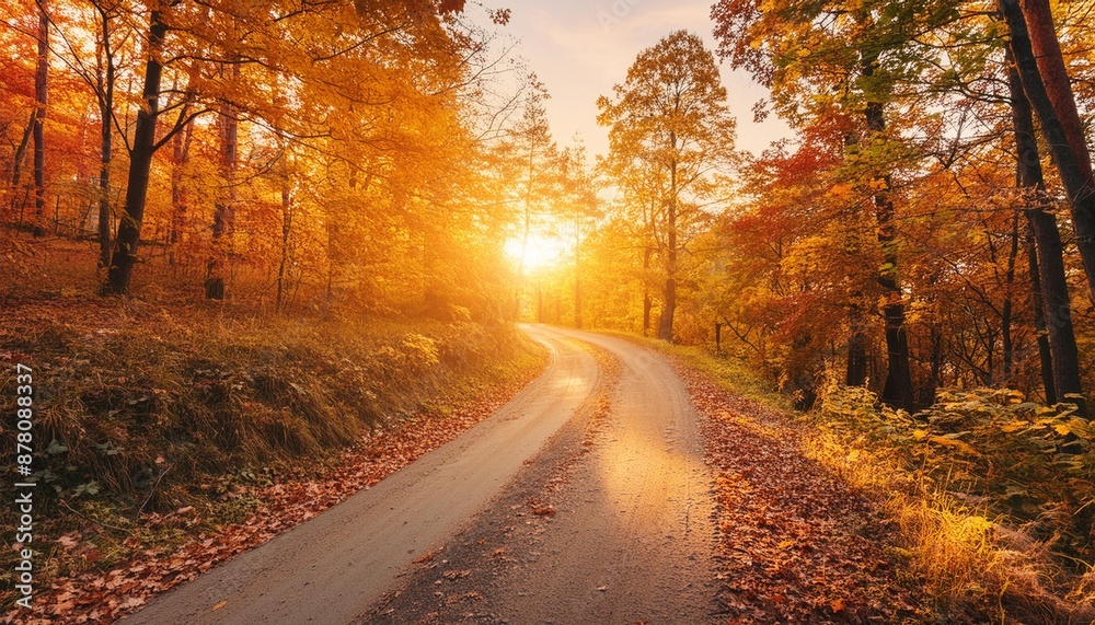 Obraz premium Autumn forest with country road at sunset. Colorful landscape with trees, rural road, orange and red leaves, sun in fall. Travel. Autumn background. Amazing forest with vibrant foliage in the evening