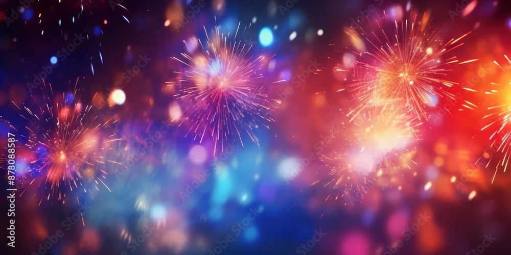 Fototapeta premium Fireworks Display,Happy New Year, Beautiful creative holiday background with fireworks and Sparkling