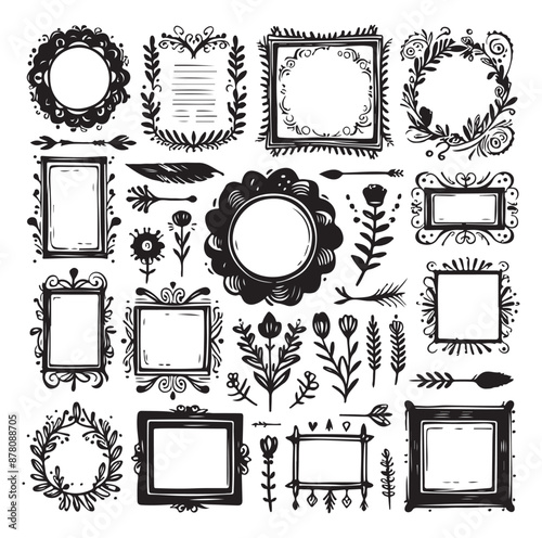 Set of nine ornate black and white frames silhouette vector