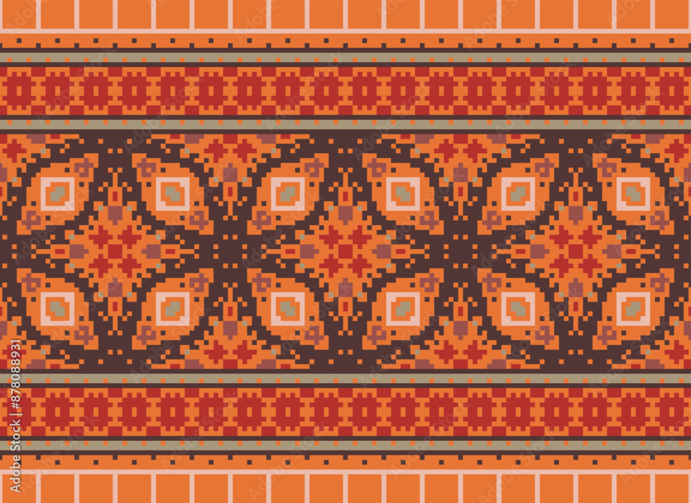 Traditional ethnic motifs ikat geometric fabric pattern cross stitch.Ikat embroidery Ethnic oriental Pixel brown background. Abstract,vector,illustration. Traditional ethnic motifs ikat geometric fabric pattern cross stitch.Ikat embroidery Ethnic oriental Pixel brown background. Abstract,vector,illustration.