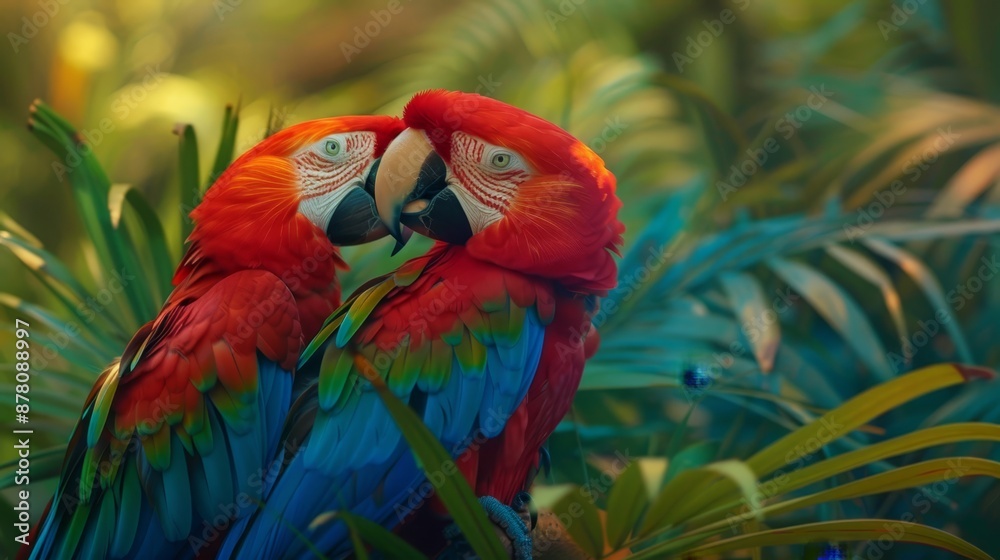 Obraz premium A few vibrant birds perch atop a lush green forest, its palm tree leaves dotting the verdant expanse Beneath them lies a field, similarly green and teem