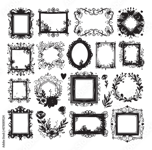 Set of nine ornate black and white frames silhouette vector