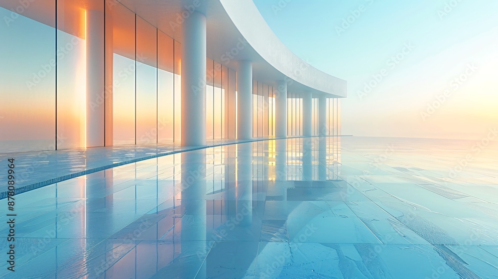 Fototapeta premium Modern Building with Tall Glass Panels Reflecting Sunrise/Sunset.