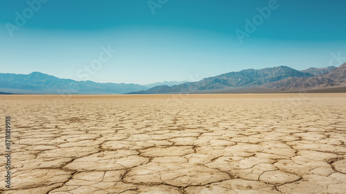 Expansive view of cracked desert floor with distant mountain ranges under clear blue sky. Stark beauty and harshness of arid environments and effects of prolonged drought