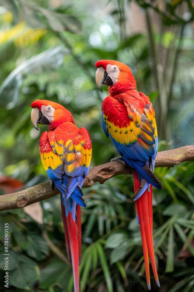 Two parrots, one red and one yellow, perch on a branch against a backdrop of lush tropical vegetation Trees and vibrant plants surround them Two parrots, one red and one yellow, perch on a branch against a backdrop of lush tropical vegetation Trees and vibrant plants surround them