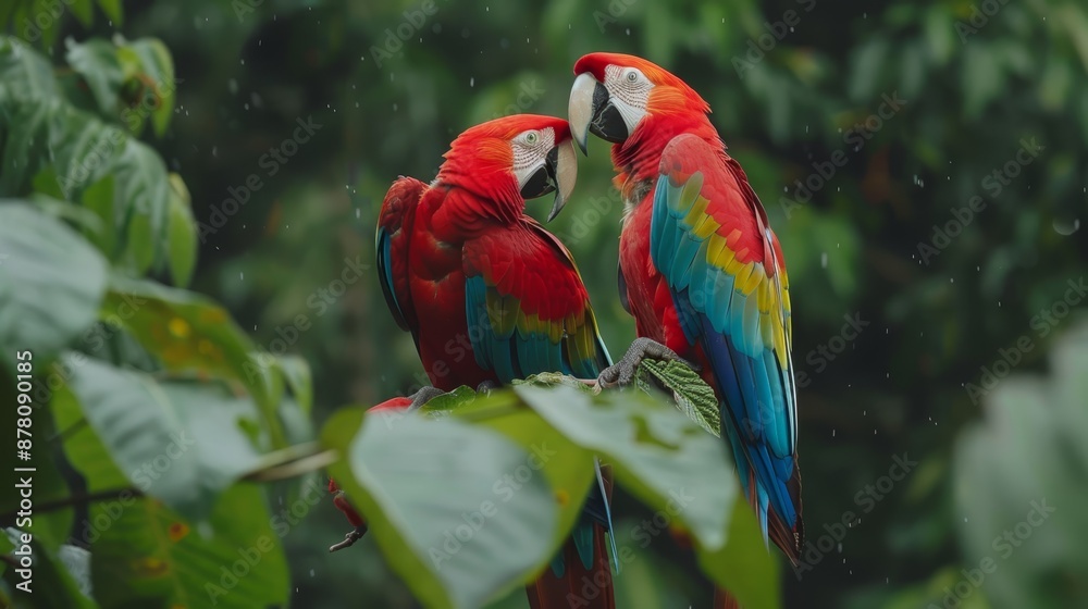 Obraz premium A few vibrant birds perch atop a verdant tree, adorned with numerous green leaves