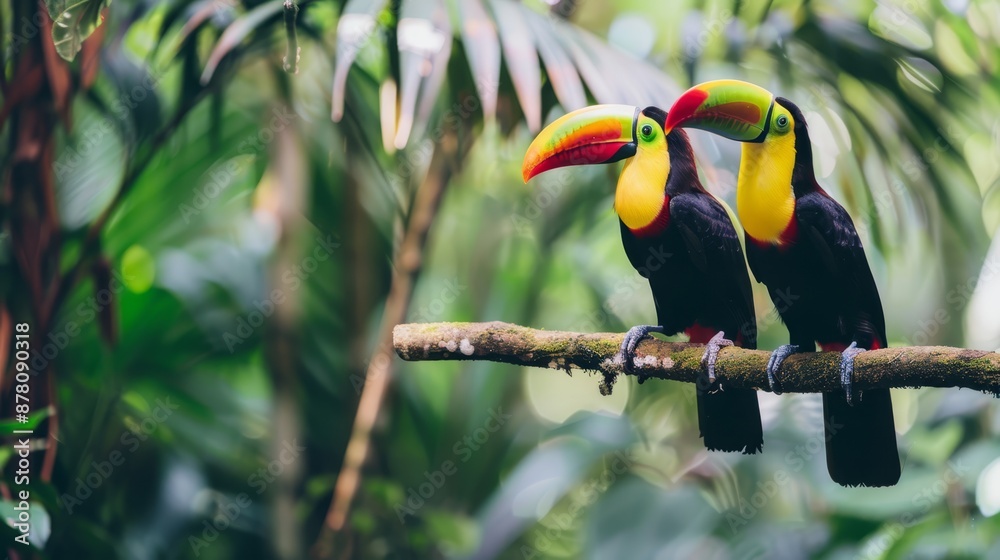 Two toucans on a branch, surrounded by numerous leafy trees in the background One toucan in the foreground (Use toucan only when referring to the species Two toucans on a branch, surrounded by numerous leafy trees in the background One toucan in the foreground (Use toucan only when referring to the species