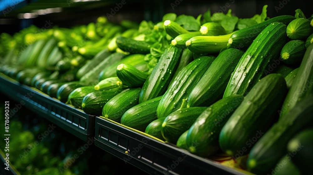 Fototapeta premium Fresh cucumbers on display in a grocery store, with water droplets on them, indicating freshness.