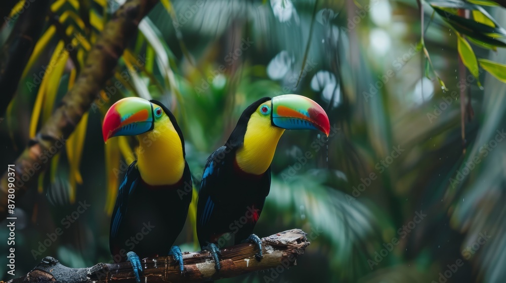 Naklejka premium Colorful birds perched on a tree branch against a backdrop of lush, green leaves in a forest setting
