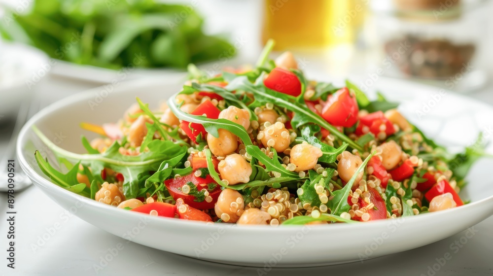 Quinoa salad with roasted vegetables and chickpeas, white plate, ample copy space on the top, vibrant and detailed, Realistic, Digital painting Quinoa salad with roasted vegetables and chickpeas, white plate, ample copy space on the top, vibrant and detailed, Realistic, Digital painting